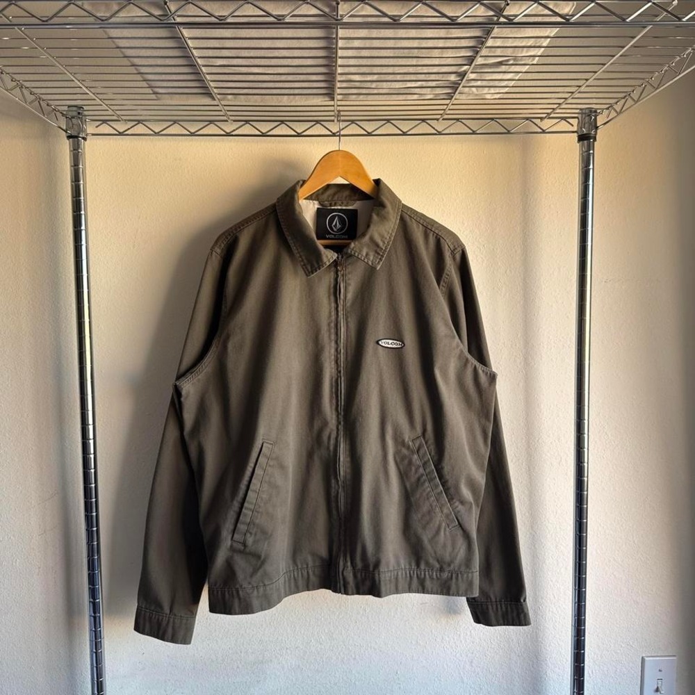 Vintage Volcom Brown Khaki Bomber Work Jacket Embroidered Y2K Streetwear Coat